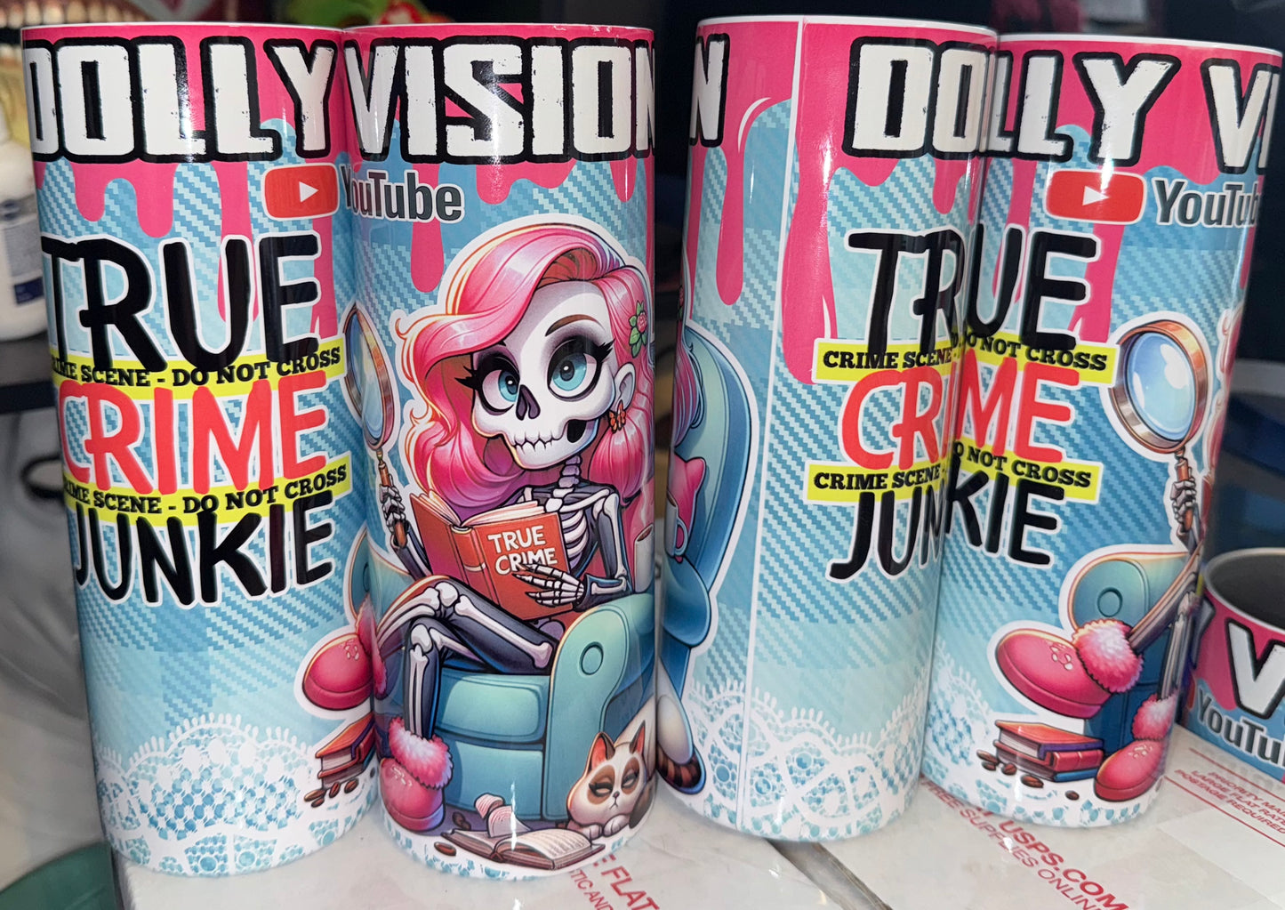 BRAND NEW 20oz TUMBLERS DOLLY VISION TRUE CRIME JUNKIE SKELETON GIRL