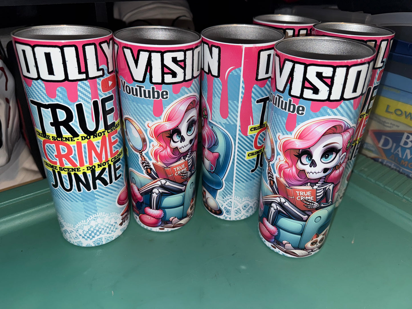 BRAND NEW 20oz TUMBLERS DOLLY VISION TRUE CRIME JUNKIE SKELETON GIRL