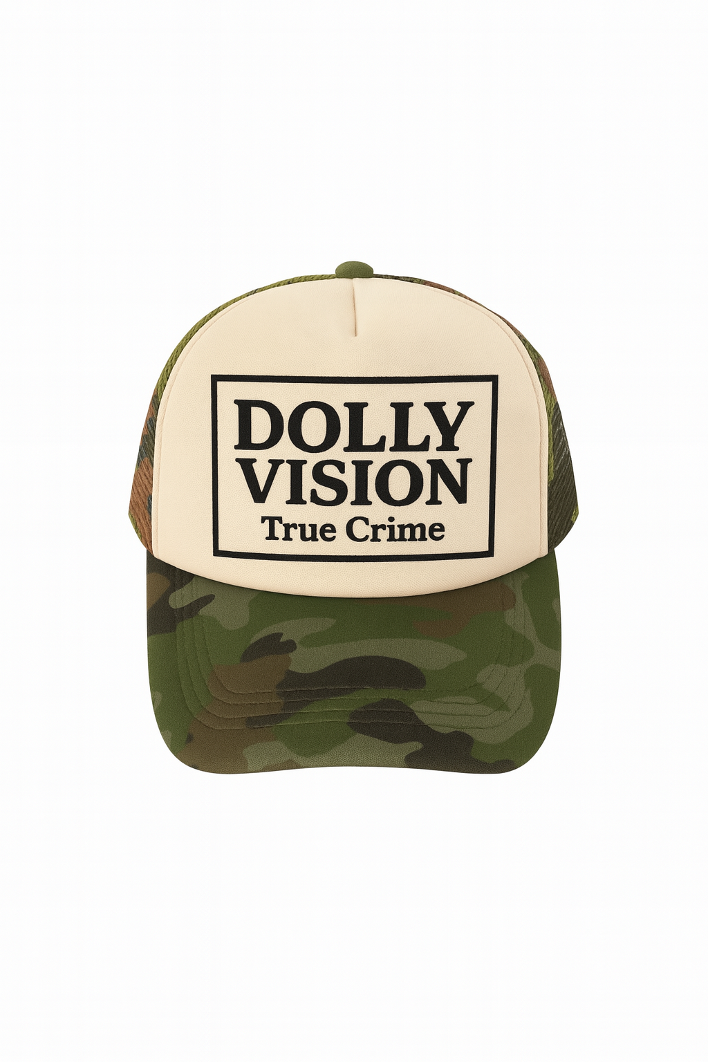 Dolly Vision True Crime camo Trucker Hat