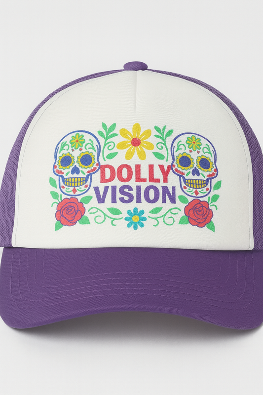 Dolly Vision True Crime Purple sugar skull Trucker Hat